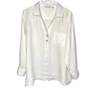 Soft Surroundings Womens White Linen Long Sleeve Two Button Vneck Shirt Size 1X